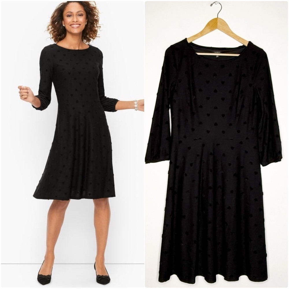Talbots Plus Black Textured Hearts Fit & Flare Dress Size Small NWT